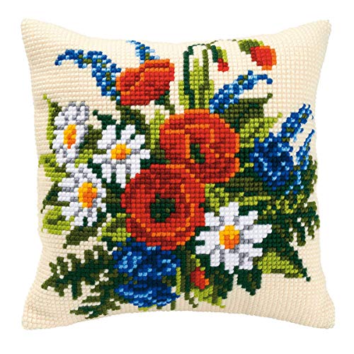 Vervaco Cross Stitch Embroidery Kits Pillow Front for Self-Embroidery with Embroidery Pattern on 100% Cotton and Embroidery Thread, 15,75 x 15,75 Inches - 40 x 40 cm, Field Flowers