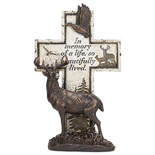 Napco Deer Cross Bronze Tone and Ivory 12.5 Inches Polyresin Sentimental Memorial Plaque