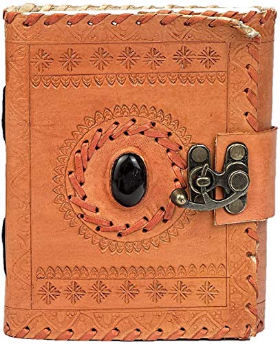 TUZECH Handmade Office Home Daily Use, Poem Writing Beautiful Pure Leather Luck Stone Bound Journal/Diary with Lock for Men and Women (6X4 inches) (Orenge)