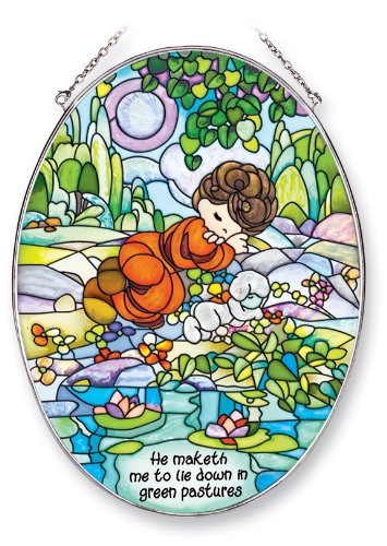 Amia Precious Moments Suncatcher, He Maketh Me to Lie Down in Green Pastures, 9-Inch by 6-1/2-Inch