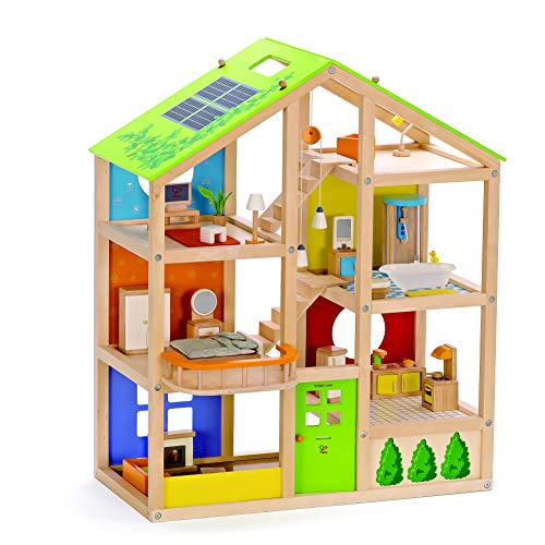 All Seasons Kids Wooden Dollhouse by Hape | Award Winning 3 Story Dolls House Toy with Furniture, Accessories, Movable Stairs and Reversible Season Theme