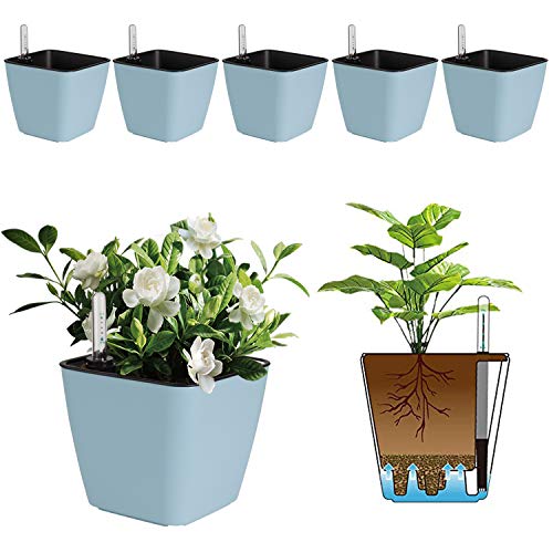 T4U 5.5 Inch Self Watering Plastic Planter with Water Level Indicator Pack of 6 - Blue, Modern Decorative Planter Flower Pot for House Plants, Herbs, Aloe, African Violets, Succulents and More