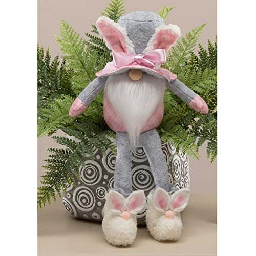 MeraVic Bunny Face Gnome Pink & White & Grey with Wired Ears and Bow On Hat, Wood Nose, White Beard, Arms, 12 Inches - Spring Decoration