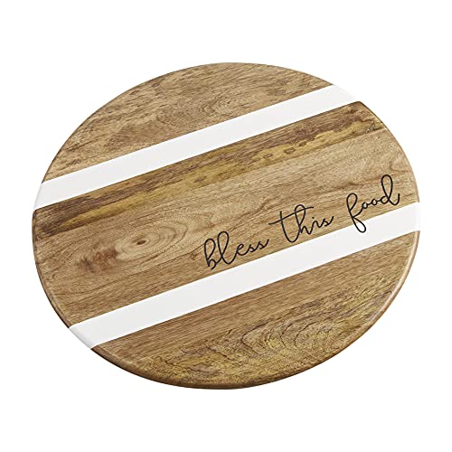 Mud Pie Wooden Bless This Food Lazy Susan,White, 16.5" Dia,Brown