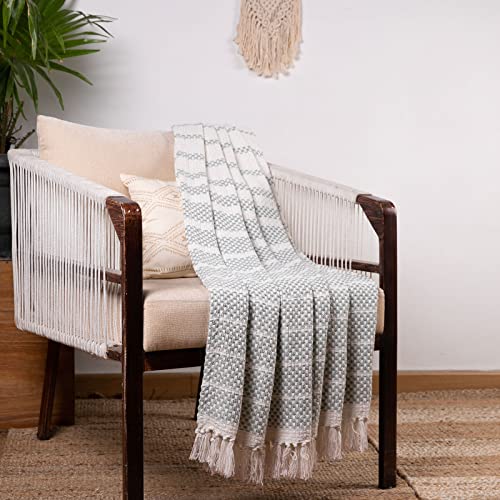 Bzaar Quintessential Textiles Striped Yarn Dyed 100% Cotton Throw Blanket with Tassels for Couch, Bed & Sofa, 50 x 60 Inch, Gray