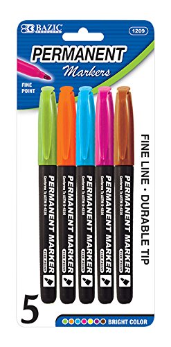 BAZIC Fancy Colors Fine Tip Permanent Markers w/ Pocket Clip (5/Pack)