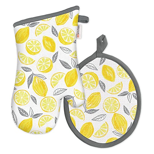 M√úkitchen Oven Mitt and Potholder are 100% Cotton | Durable and Heat Resistant Cooking and Kitchen Accessories for Handling Hot Pans and Pots | Coordinating Set of 2 Each | Lemon Grove