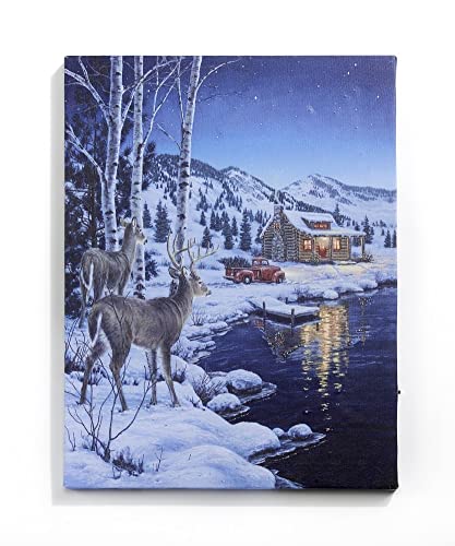 Giftcraft 682032 Christmas LED Canvas Print with Timer, Reindeer and Cabin, 0.6 inch, Medium Density Fiberboard and Canvas