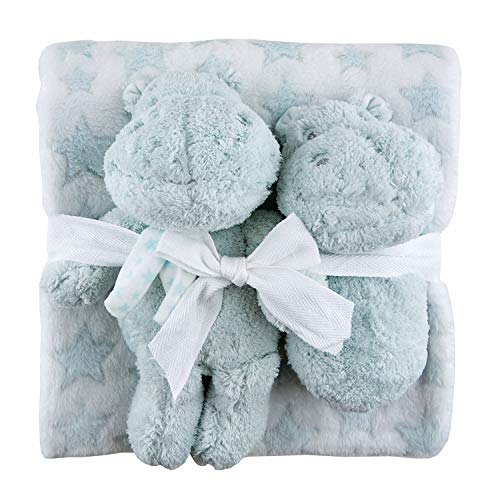 Creative Brands Stephan Baby Snuggle Fleece Crib Blanket, Plush Toy & Rattle Gift Set, Blue Hippo