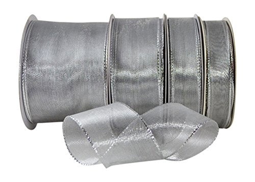 Ribbon Bazaar Wired Shimmering Metallic Sheer 1-1/2 inch Silver 25 Yards Ribbon
