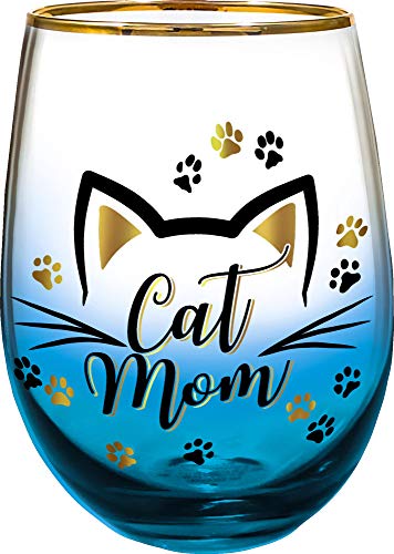 Spoontiques 21726 Cat Mom Stemless Glass, 20 ounces, Blue
