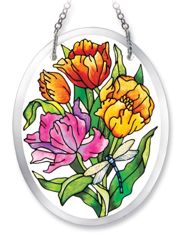 Amia 6194 Dragonfly and Tulips Design Hand-Painted Glass Suncatcher, 5-1/4-Inch by 4-Inch