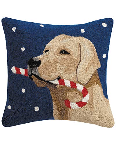 Peking Handicraft Yellow Labrador Retriever Christmas Candy Cane Wool Hooked Dog Throw Pillow - 16" x 16"