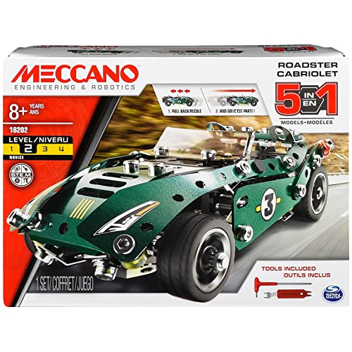 Spin Master Erector by Meccano, 5 in 1 Roadster Pull Back Car Building Kit, for Ages 8 and up, STEM Construction Education Toy