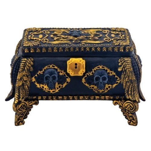 Pacific Trading Gold and Black Skull Jewelry Holder Box Container with Mirror Inside