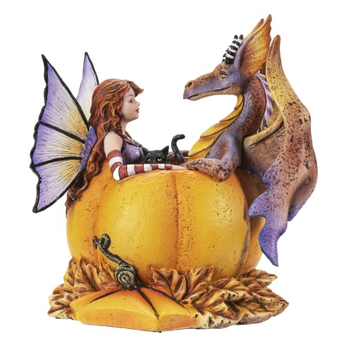 Pacific Trading Giftware Fairy and Dragon in Pumpkin Figurine, Indoor/Outdoor Decor for Halloween, Fairy Gardens, and New HomeOwners, 5.70" X 4.5" X 6.29" Size