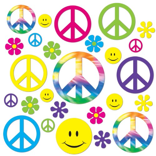 Beistle Retro 60's Wall Cutotus 42 Piece Smiley Face Peace Sign Flower Decorations, 2" - 11", Multicolored
