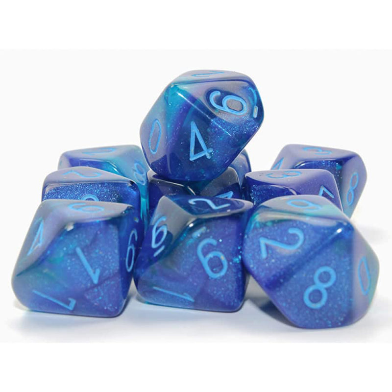 Blue and Blue Gemini Luminary Dice with Light Blue Numbers D10 16mm (5/8in) Pack of 10 Dice Chessex