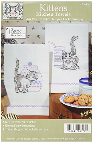 Design Works Crafts Tobin Stamped Kitchen Towels for Embroidery, Kittens