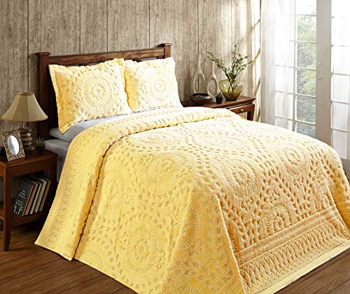 Better Trends -Rio Collection in Floral Design 100% Cotton Tufted Chenille, Queen Bedspread, Yellow