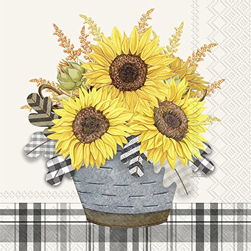 Boston International IHR Floral Fall Autumn Thanksgiving 3-Ply Paper Napkins, 20-Count Lunch Size, Gingham Sunflowers