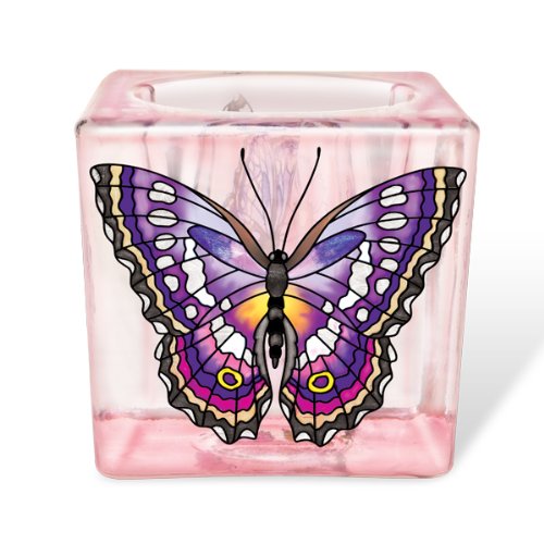 Amia Purple Emperor Butterfly Votive 3-Inch Hand Painted Glass