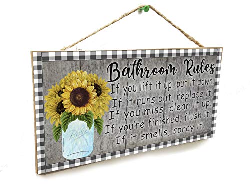 Blackwater Trading Bathroom Rules If It Smells Spray It Farmhouse Buffalo Check Mason Jar Sunflowers 5" x 10" Sign