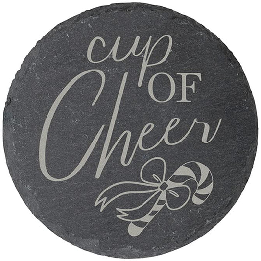 Carson Home Cup of Cheer Slate Coaster, 4-inch Diameter, Set of 4
