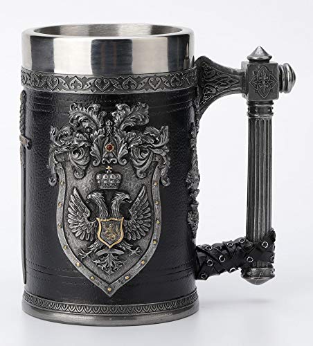 Unicorn Studio Veronese Design 6 1/4 Inch Double Headed Eagle Crest Axe Handle Beer Stein Cold Cast Resin Pewter Finish Statue Home Decor