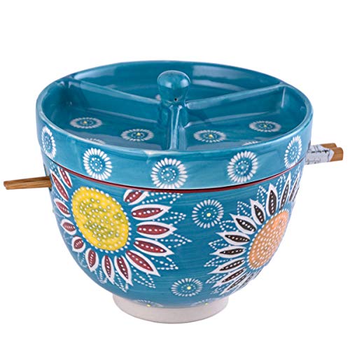 FMC Fuji Merchandise Mira Design Japanese Design Quality Ceramic Ramen Udong Soba Tempura Noodle Bowl with Chopsticks and Condiment Lid 6 Inch Diameter (Blue Blossoms)