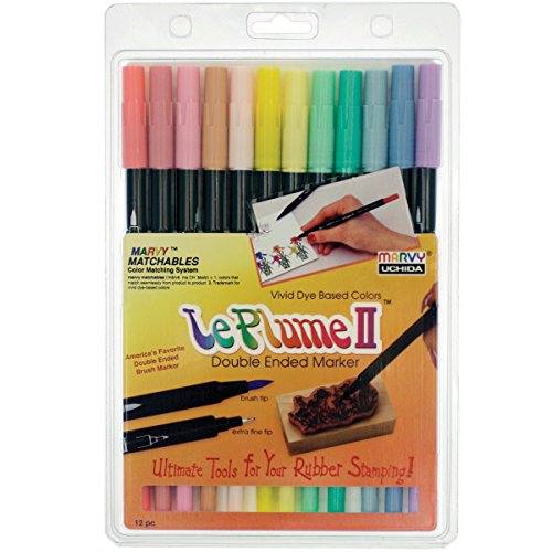Uchida 1122-12B Le Plume II Double-Ended Markers with Brush and Fine Tips, Pastel, Set of 12