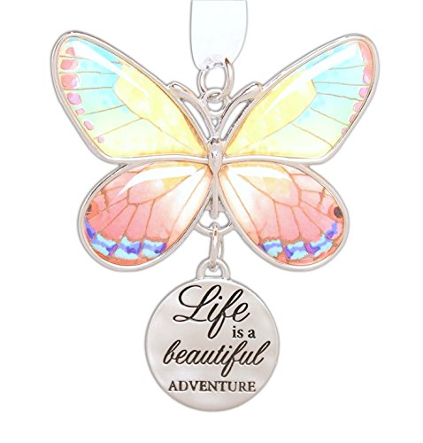 Ganz 2" Beautiful Zinc Butterfly Ornament with Sentiment Featuring White Organza Ribbon for Hanging (Life is a Beautiful Adventure)