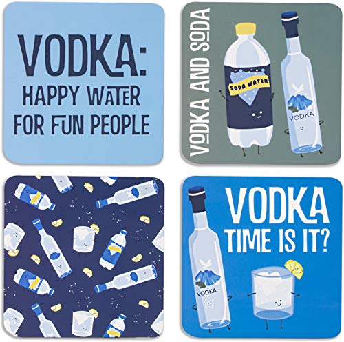 Pavilion Gift Company Vodka & Soda Sentiment, Pattern and Character Holder 4" (4 Piece) Coaster Set with Box, 4 Inch Square, Multicolor