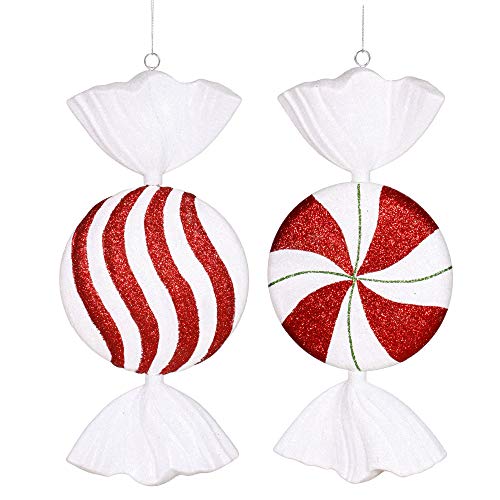 Vickerman Peppermint Candy Flat Round Ornament with Shatterproof Secure Cap in 2 styles assorted/PVC Box, 13", Red/White/Green