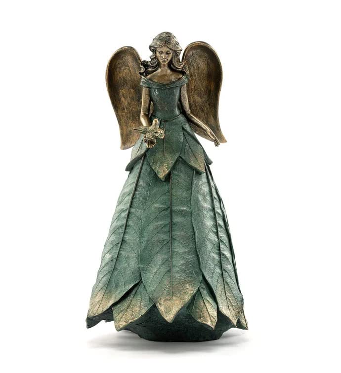 Napco Angel Holding Bird Green 13.5 x 7 Resin Outdoor Garden Statue