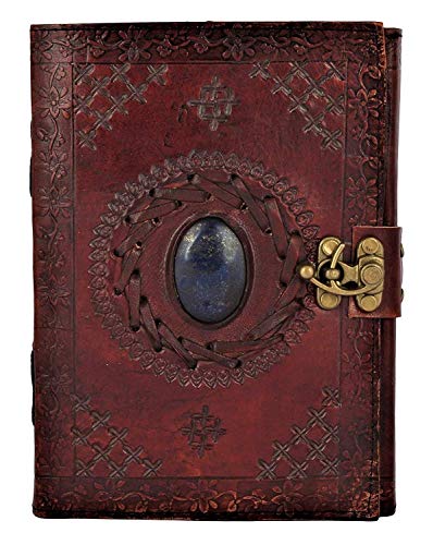 Tuzech Leather Journal Large Writing Notebook - Handmade Leather Bound Vintage Journal For Women and Men with Lock And Semi-Precious Stone Gift For Art, Travel Diary To Write In 7 by 5 Inches (Brown)