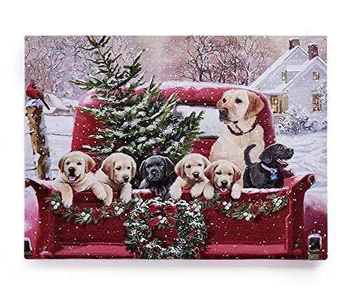 Giftcraft 682600 Christmas LED Canvas Print with Timer, Red Truck and Puppies, 0.6 inch, Medium Density Fiberboard and Canvas
