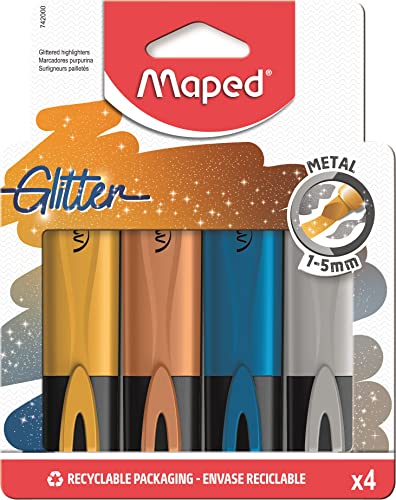 Pens Maped Fluo Peps Classic Metallic Glitter Highlighters, Pack of 4, Gold, Copper, Blue & Silver (742000)