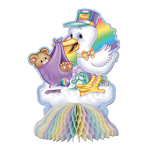 Beistle Pastel Colored Printed Cardstock and Tissue Paper Stork Centerpiece for Baby Shower Decorations, Gender Reveal Party Supplies, 8", Multicolored