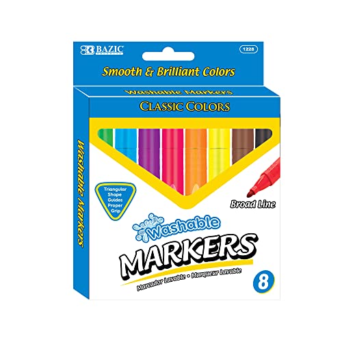 BAZIC 8 Colors Broad Line Jumbo Washable Markers, Triangle Pens, Assorted Colors Marcador Gift for Kids School Art, 1-Pack