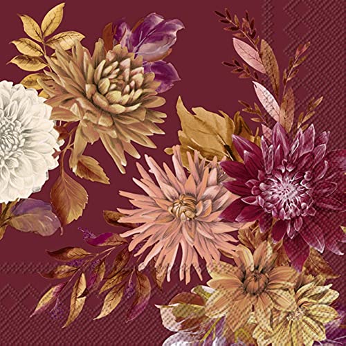 Boston International IHR Floral Fall Autumn Thanksgiving 3-Ply Paper Napkins, 20-Count Cocktail Size, Darla- Red