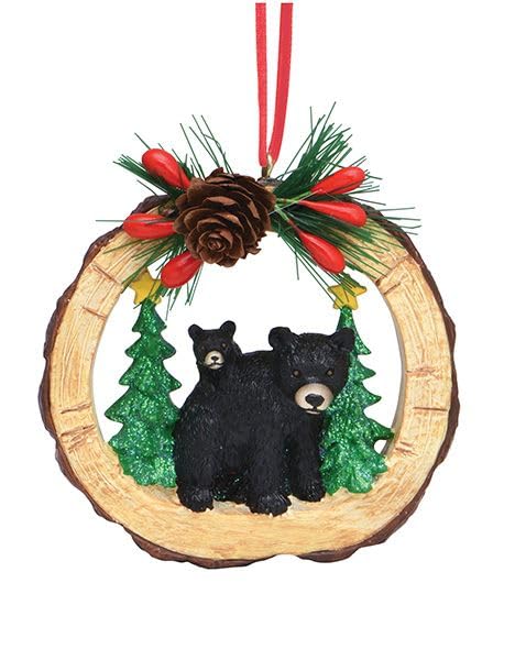 Cape Shore Christmas Resin Ornament, Wood Slice with Bear, Holiday Tree Decoration, Home Collection