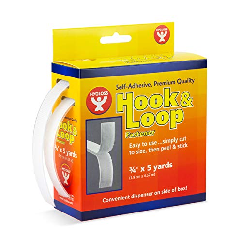 Hygloss Products Self Adhesive Strips - 15 Feet x 3/4 Inch Hook and Loop Fastener Sticky Back Tape With Dispenser, White