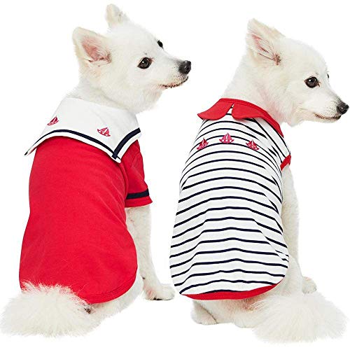 Blueberry Pet Soft & Comfy Summer Vacation Beach Cotton Dog T-Shirts, Cerise Red, 2 Pack, Sailor Suit Shirts Tank Top Clothes, Back Length 16", for Medium Large Dogs