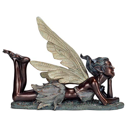 Napco 18 x 5 x 13.5 Inch Resin Constructed Resting Fairy In The Grass Decorative Indoor or Outdoor Garden Statue, Weathered Bronze and Ivory