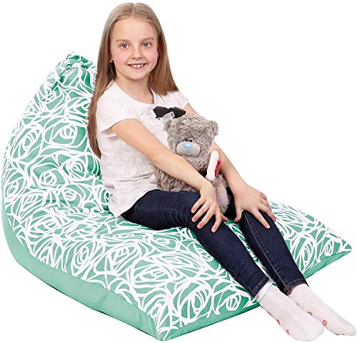 Malinad 5 STARS UNITED Stuffed Animal Storage Bean Bag - Cover Only - Large Triangle Beanbag Chair for Kids - 150+ Plush Toys Holder - Floor Pillows Organizer for Girls - 100% Cotton Canvas - Mint Roses