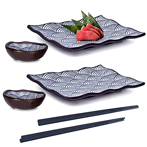 FMC Fuji Merchandise Hinomaru Collection 6 Piece Sushi Dinner Set Melamine Sushi Plate Sauce Dish and Chopsticks Dinnerware Set for Two (Seigaiha Wave)