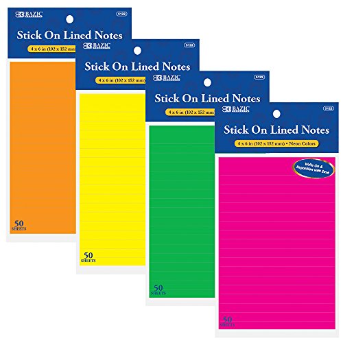 BAZIC Neon Lined Stick On Notes Sticky Note, 4" x 6" (5122)