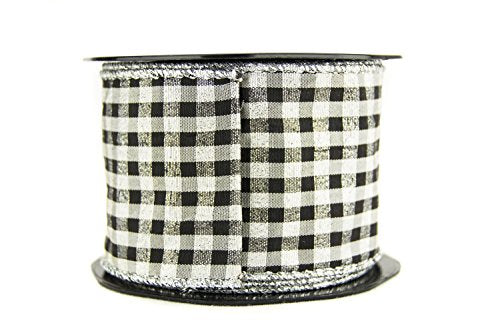 Ribbon Bazaar Wired Black and White Check with Metallic Weave 6 inch Silver 10 Yards Ribbon