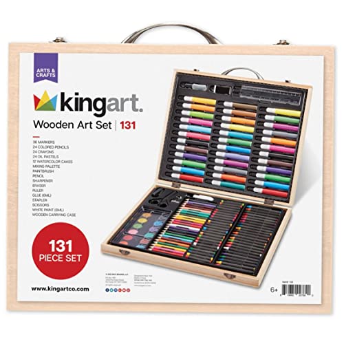 KINGART Arts & Crafts Deluxe Art Set, Portable Wood Case, 131 Unique Pieces